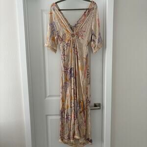Z&L EUROPE V-neck Tie Up Open Back Bell Sleeves Trimmed 54"Long Maxi Dress sz L